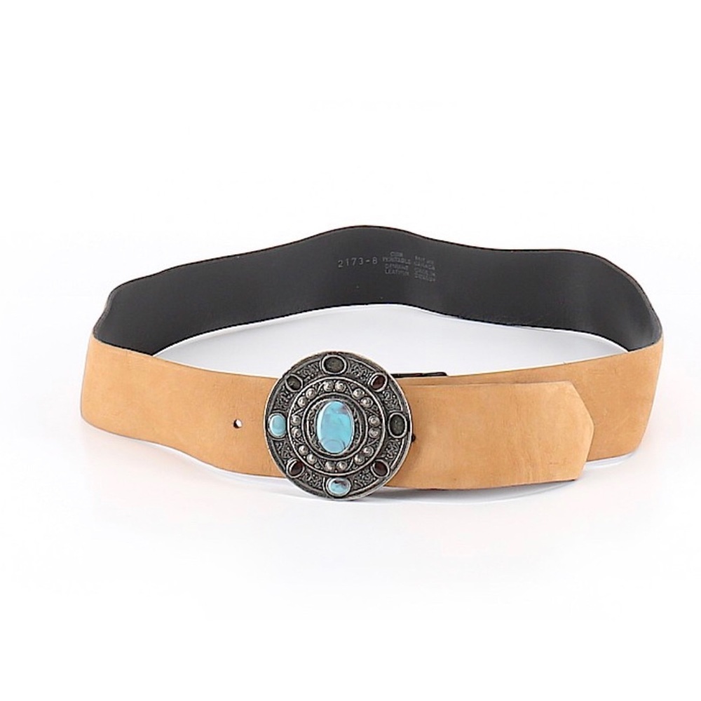 Tan Cognac Western Southwestern Cowboy Leather Belt with Blue Stones BoHo
